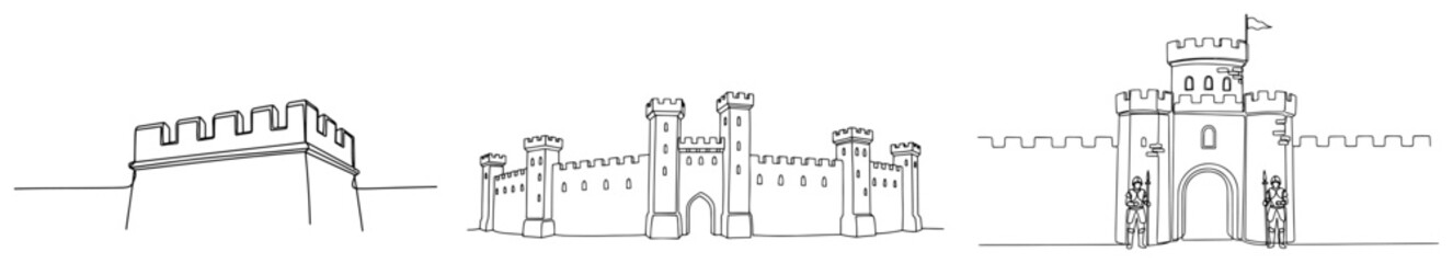 Medieval castle with defensive walls and towers in simple continuous line art style © Celestynka