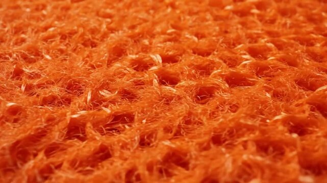 Close up view of orange knit fabric texture with textured surface and soft threads