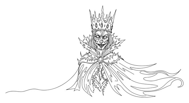 Evil king wearing spiky crown and cape in continuous line art style