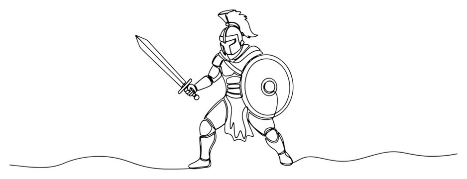 Spartan warrior in combat pose with sword and shield in continuous line art style