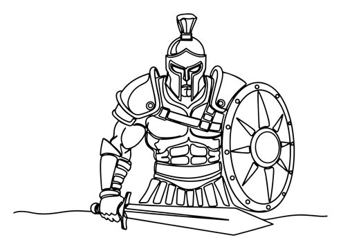 Spartan warrior holding sword and shield in continuous line art style
