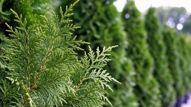 Evergreen tree branches with a row of lush green coniferous trees in the background creating a natural hedge