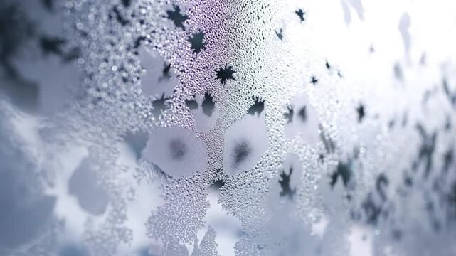 Close up view of condensation on glass creating winter frost patterns with dark star shapes and artistic details.