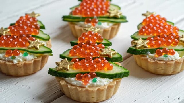 Festive appetizer tartlets with red caviar, cucumber, and star decorations arranged on a white wooden surface