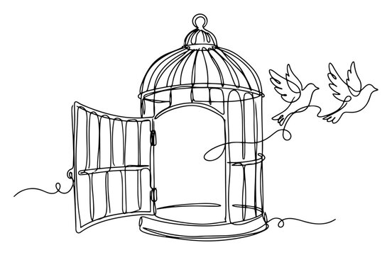 Open birdcage with flying birds escaping to freedom in continuous line art style