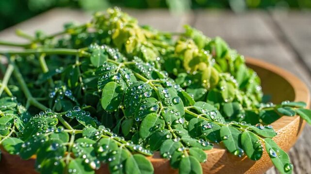 Fresh Moringa Leaves with Water Droplets in a Wooden Bowl on a Rustic Wooden Table, Nature Close Up