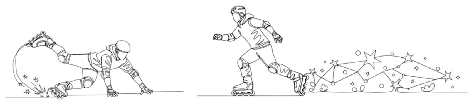 Roller skaters falling and skating over star constellation in minimalist continuous line drawing style