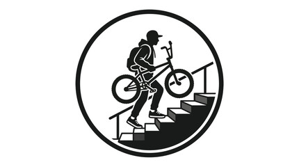 Obraz premium Illustration of a young person carrying a BMX bike up stairs.