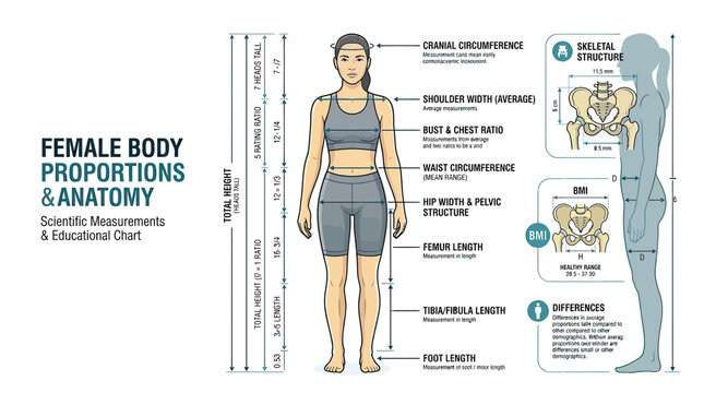 Female Body Proportions and Anatomy Scientific Measurements Educational Chart