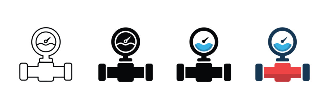 Industrial pressure gauge icons on water pipes, plumbing manometer vector set, hydraulic flow meter symbols for engineering and utility maintenance