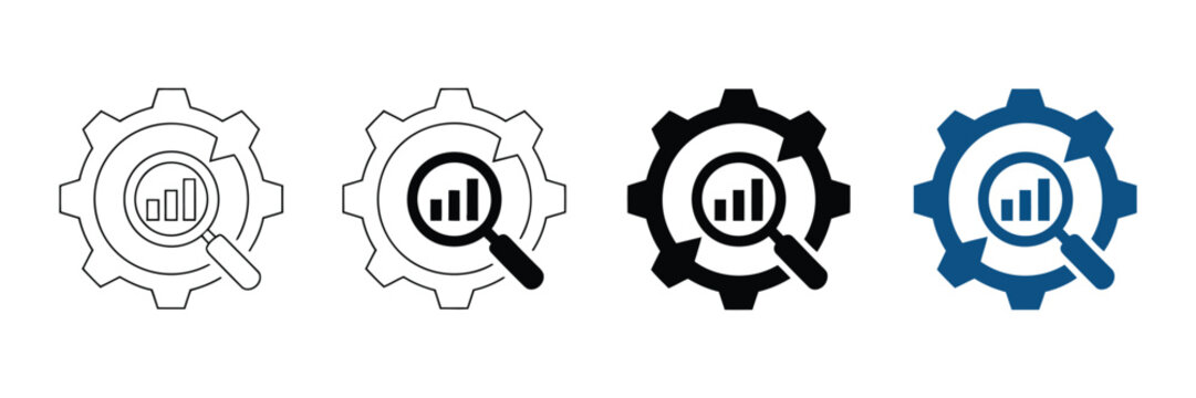 Data analysis gear icons set, magnifying glass with bar chart inside cogwheel, business optimization and process management vector symbols