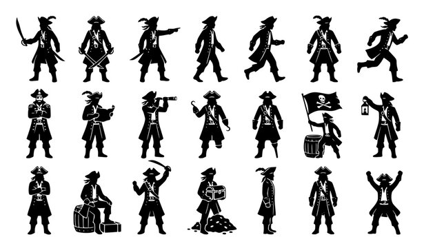 Pirate Silhouette Collection with Sword Tricorn Hat and Adventure Character Vector Set