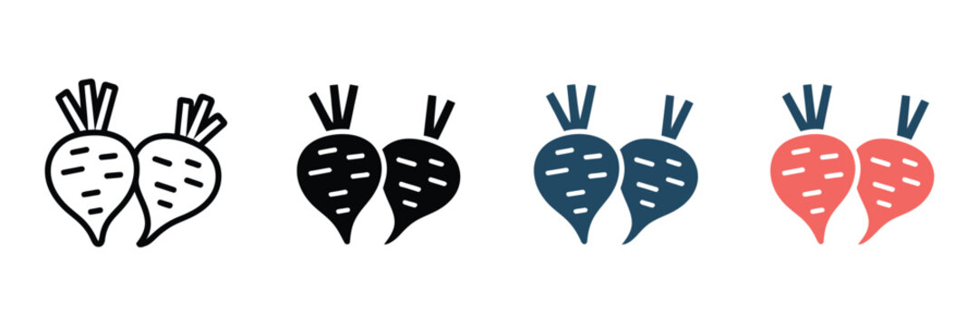 Minimalist beetroot icon set, flat vector beet root vegetable symbols, organic garden radish illustrations in line and solid styles for food packaging