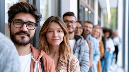 Fototapeta premium Diverse job applicants wait in line outside an interview room in a modern office hallway during a recruitment session