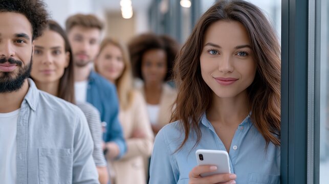 Diverse job applicants wait in modern office hallway before interviews in business casual clothing