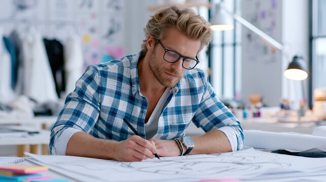 Fashion designer works on sketches in a studio filled with fabric, tools, and creative ideas around him during a busy day