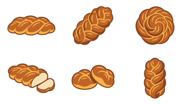 Collection of braided bread loaves and rolls, pixel art style, isolated on white
