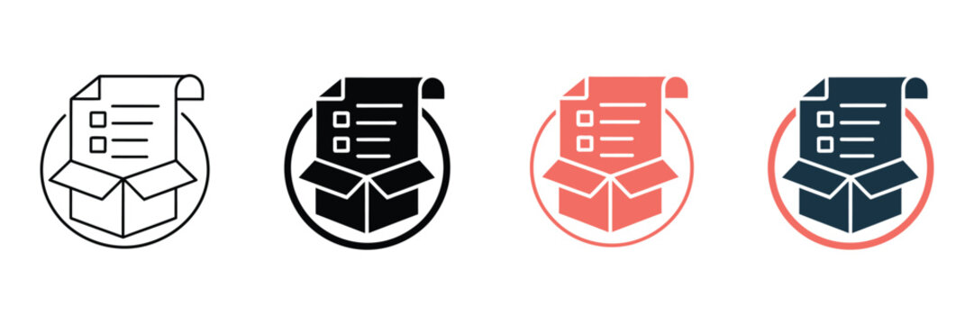 Inventory management icons set, logistics packing list in cardboard box vector, warehouse order fulfillment symbols for shipping and delivery