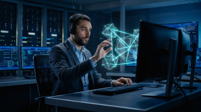 A focused male data privacy officer interacting with an advanced quantum cryptography interface. Translucent geometric glass code blocks float in front of him, locked together by sharp glowing cyan 