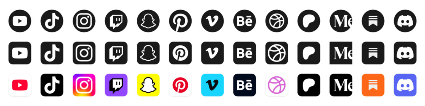 social media icons buttons. social media logo set , facebook, instagram, youtube, whatsapp, twitter, x, snapchat, pinterest, Vimeo, linkedin, telegram, tiktok, icon - social network logos collection