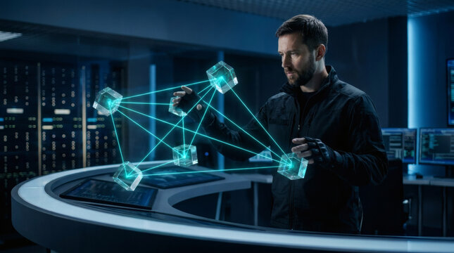 A focused male data privacy officer interacting with an advanced quantum cryptography interface. Translucent geometric glass code blocks float in front of him, locked together by sharp glowing cyan 