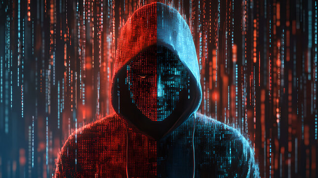 Digital hacker in a hoodie with binary code rain, split red and blue lighting, cyber security and data privacy concept