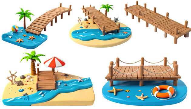 Miniature Beach Dock Playsets with Wooden Docks and Ocean Scene Accessories
