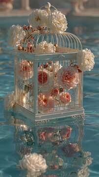 White vintage birdcage floating in blue water. Elegant floral arrangement with pink and white roses. Surreal romantic concept