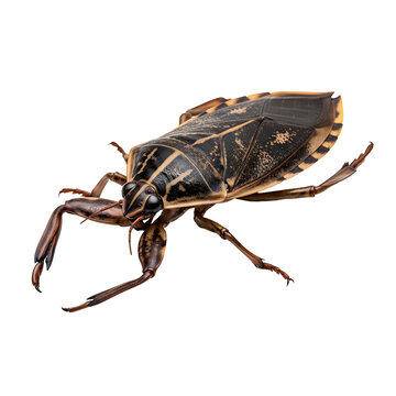 A giant water bug, also known as a toe-biter, is showcased in a studio shot, displaying its unique morphology and formidable predatory appendages.