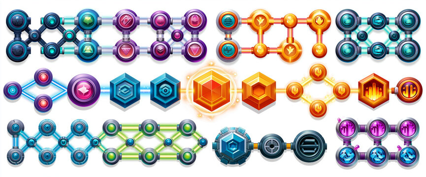 Colorful futuristic UI elements for RPG game interface design.
