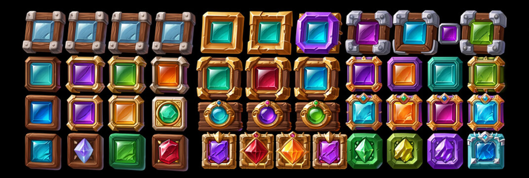 Colorful gem and frame assets for a vibrant RPG game interface design.