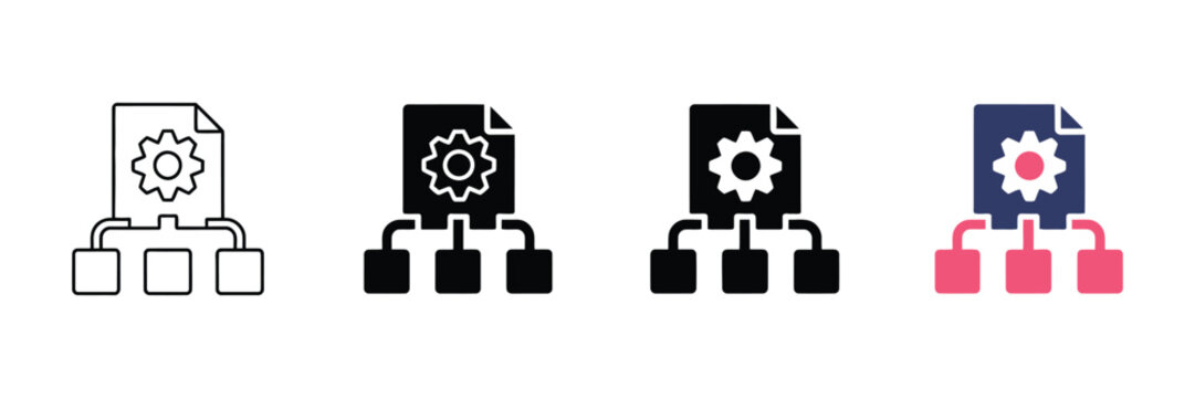 Data processing icon set, automated workflow file symbols, digital document management system vector, technical configuration flowchart icons