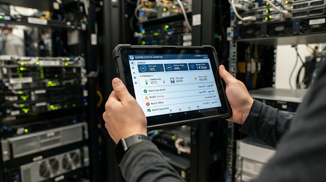  IT administrator holding tablet projecting server status dashboard with temperature and connectivity icons for network maintenance.