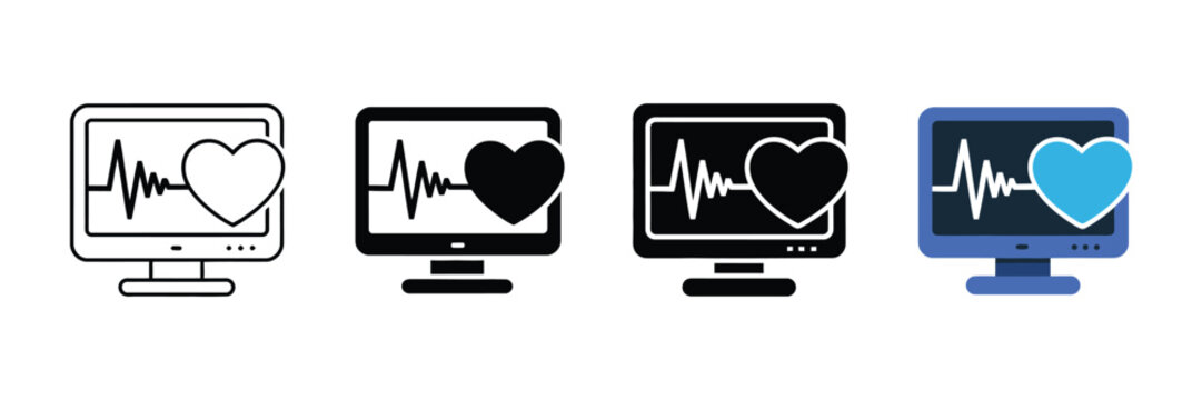 Medical heart rate monitor icon set, hospital patient life support screen with heartbeat pulse, 4 digital ecg machine vector symbols for healthcare