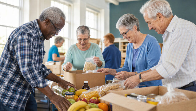 Senior people volunteering at community food bank. Elderly man and woman packing grocery donation box. Charity activity and social support for International Day of Older Persons. Help.