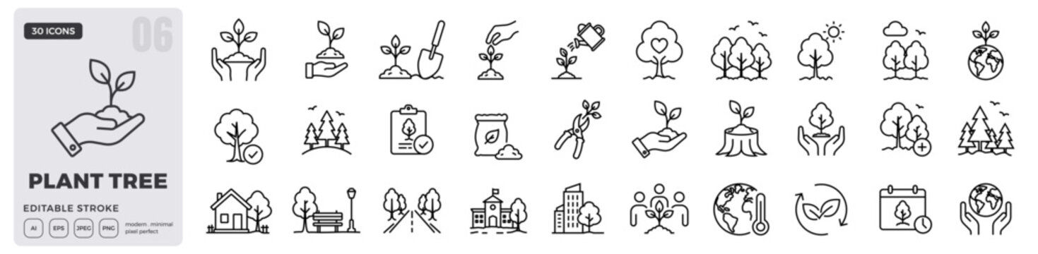 Plant tree outline icon set. Gardening, sustainability, environment, forestry, afforestation, conservation, ecology, green living, climate action. Editable stroke. Vector illustration