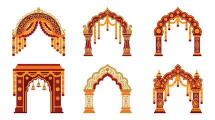 Obraz premium Collection of traditional Indian wedding arches, mandap decorations, pixel art style, festive and ornate designs, rich red and gold color palette