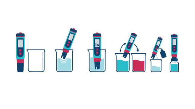 Digital pH meter measuring liquid in laboratory beakers, steps for chemical testing, scientific equipment, simple flat icon set