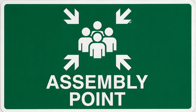 Green emergency assembly point safety sign with arrows and people icons