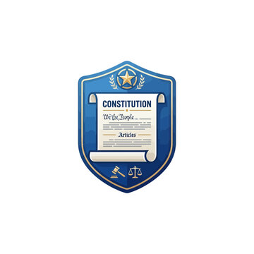 Blue Shield Emblem with Constitution Scroll and Legal Justice Symbols
