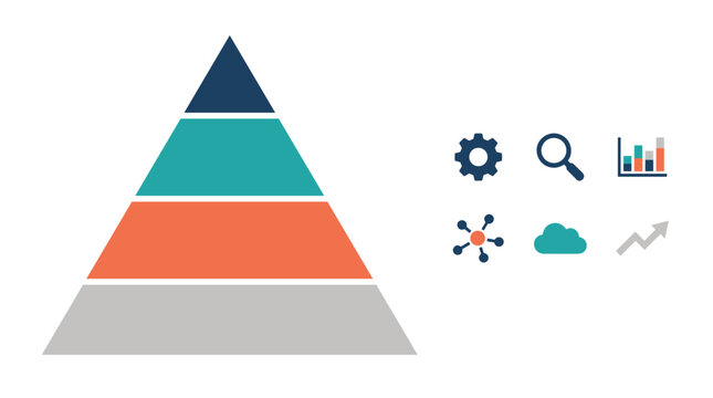 Four tiered pyramid chart with icons representing business strategy, data analysis, and growth, conceptual illustration for planning and management
