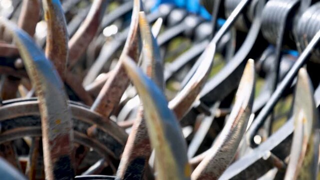 Tine cultivator harrow agriculture machinery with soil metal equipment tillage attachment in close view