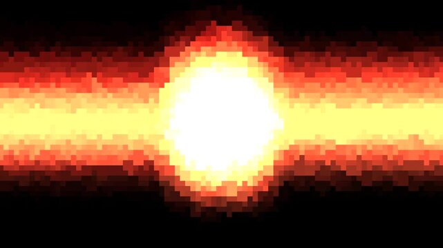 Bright glowing burning sun on black background and pixelated effect