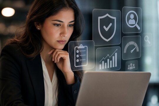 Third Party Risk Manager Analyzing Vendor Compliance On Laptop for Corporate Governance and Strategic Planning