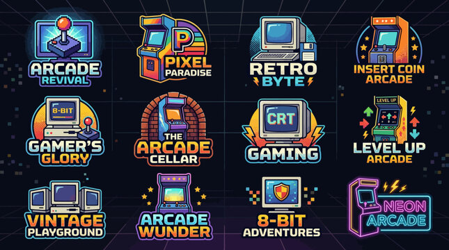 8-bit retro gaming icons and badge set