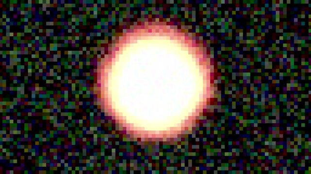 Bright glowing burning sun on black background and pixelated effect