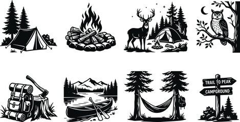 Obraz premium Camping and outdoor adventure silhouette set, tent, campfire, deer, owl, backpack, canoe, hammock, trail sign, forest nature scene, wilderness exploration, black vector illustration