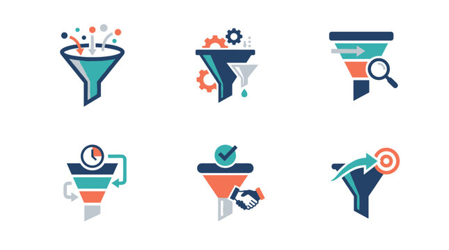Set of six pixel art funnel icons representing data processing, sales, and workflow management, with elements like gears, charts, and handshakes