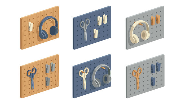 Set of six pixel art pegboards displaying various tools and headphones, isometric view, organized craft and hobby supplies