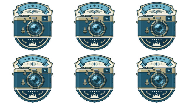 Set of six pixel art retro cameras with blue and tan details, displayed in a 2x3 grid for vintage photography or design themes
